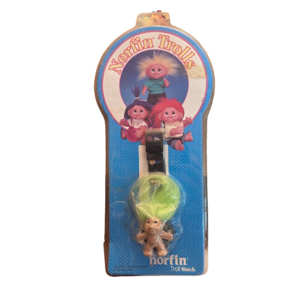 Vintage DAM Norfin Troll Watch 1.5" Mini Troll Doll Green Hair NIP Rare